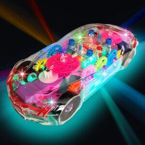 Light Up Transparent Sensory Car Toy for Kids Colorful Moving Gears and Music